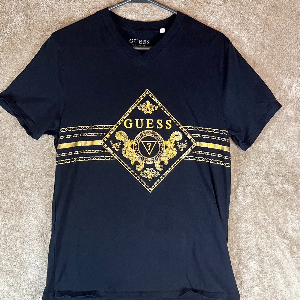 Guess Mens T-Shirt Short Sleeves V-Neck Graphic Print Casual Black Size M